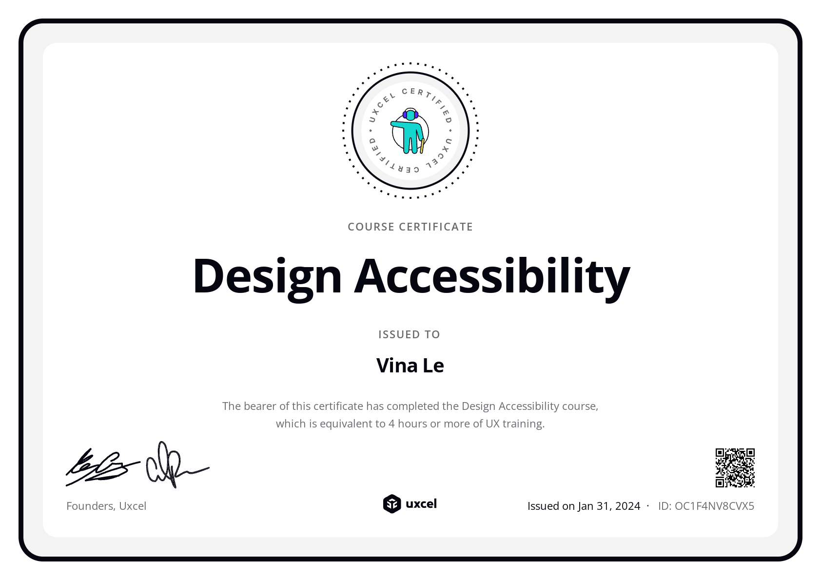 Vina Le's certificate